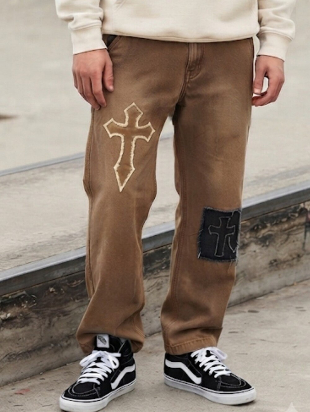 Custom DIY Cross Patch Vans Range Pants Brown Chinos Men's M 32x29 Streetwear